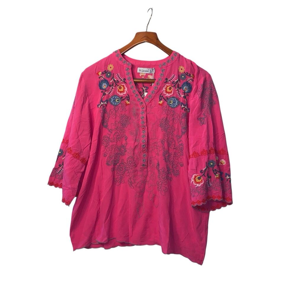 NEW St. Lareina Embroidered Tunic Top Blouse Pink Boho Hippie Soft Cotton L